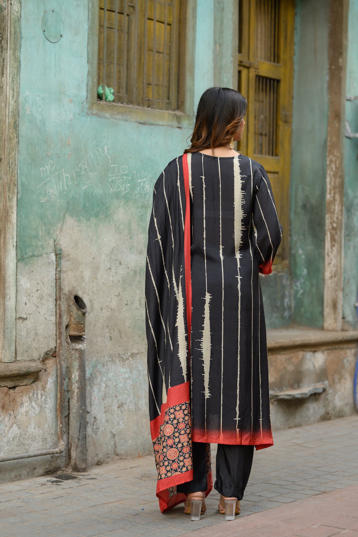 Black and Red Stripes with Ajrakh Print Muslin Suit Set with Adda Gota Work