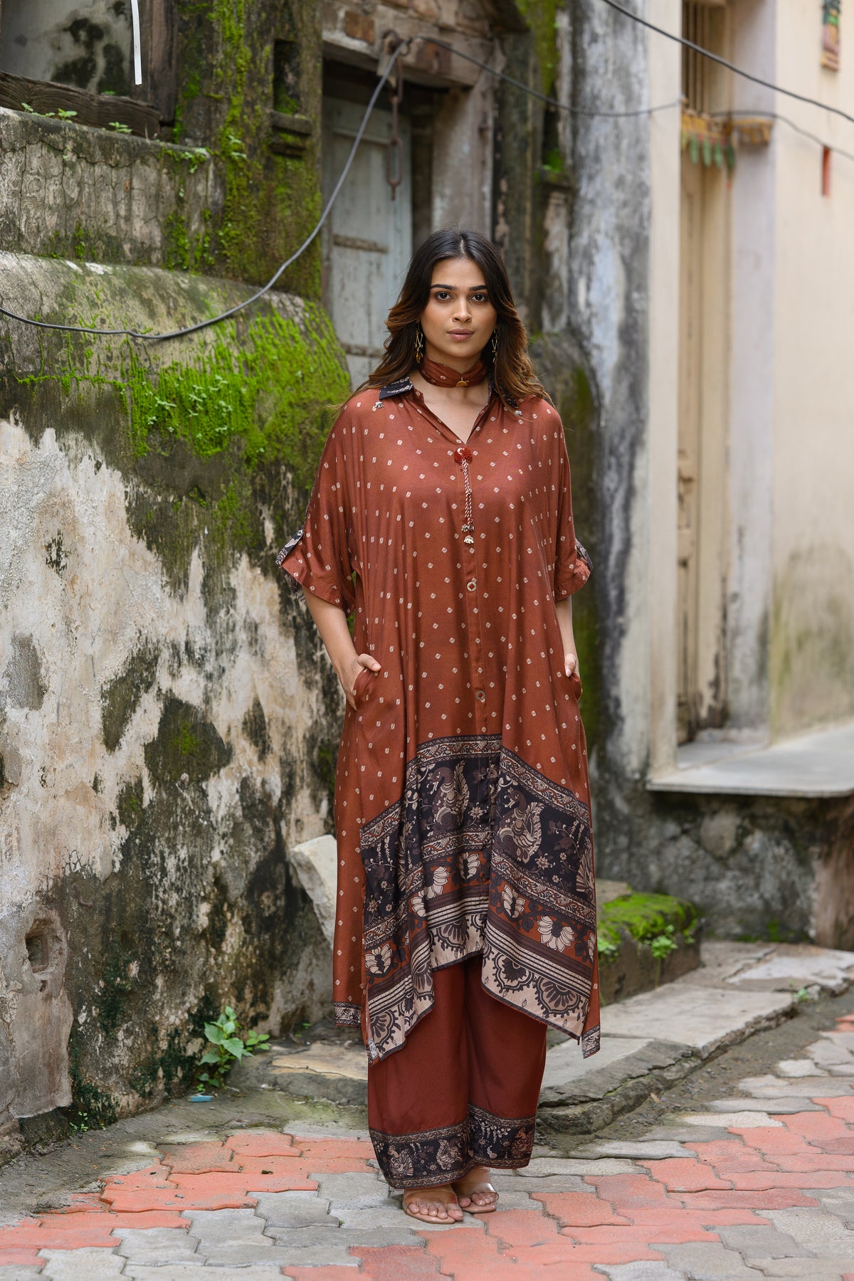 Brown Dot With Ajrakh Print Kaftan Kurta Set