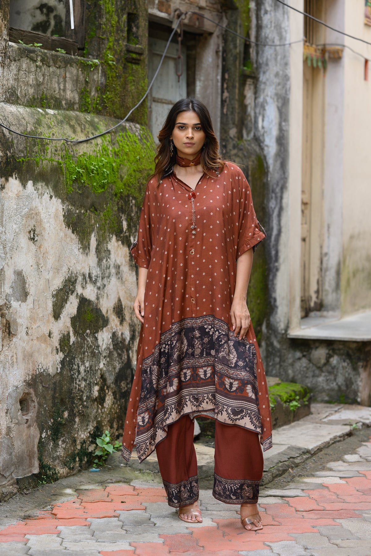 Brown Dot With Ajrakh Print Kaftan Kurta Set