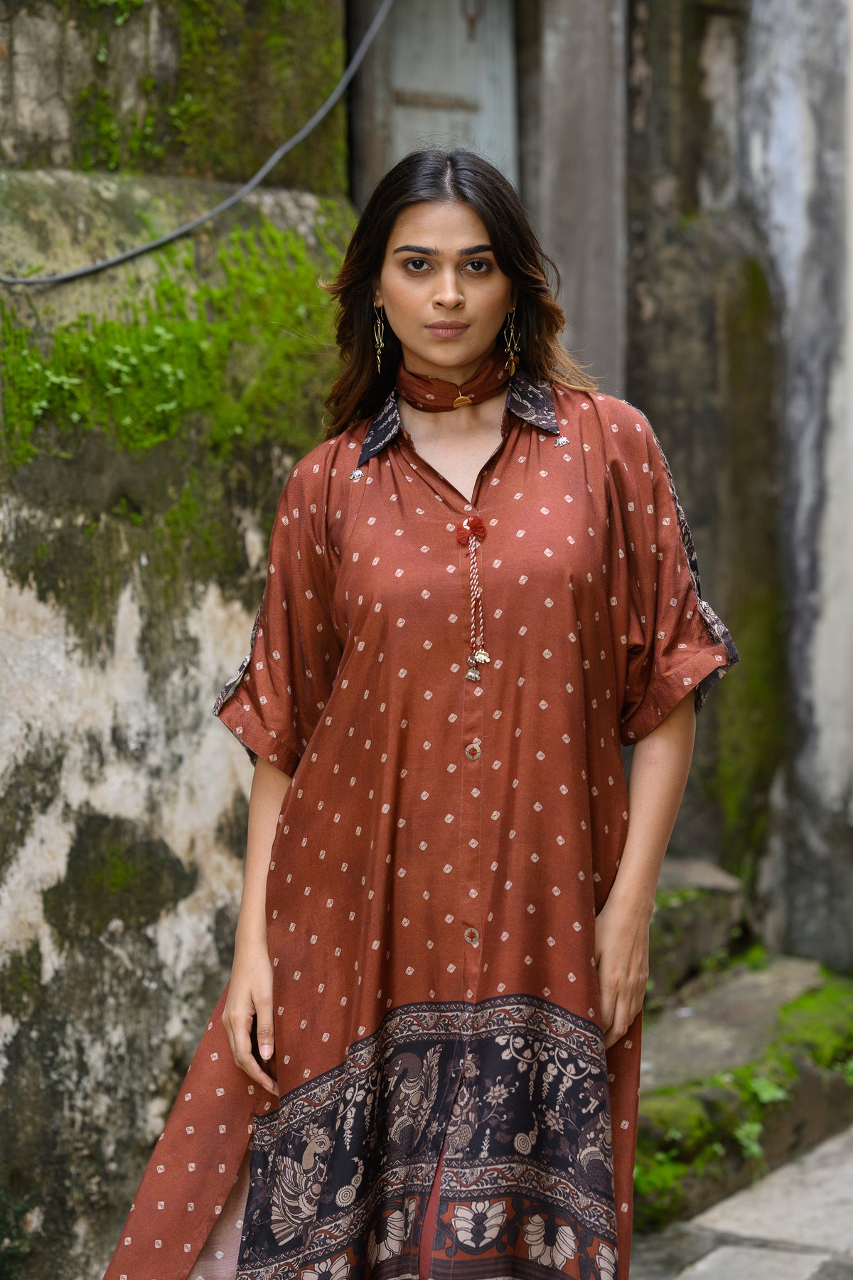 Brown Dot With Ajrakh Print Kaftan Kurta Set