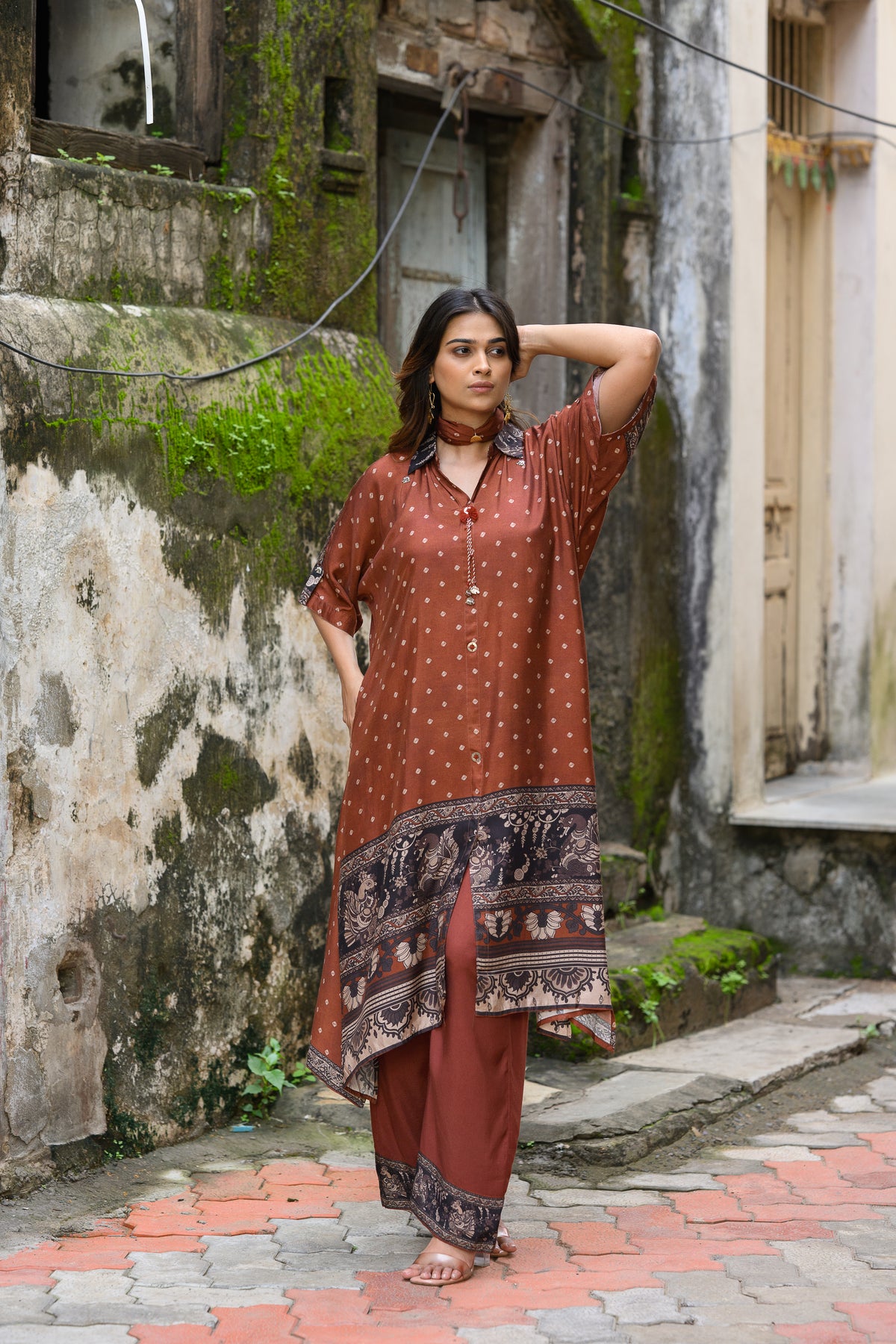 Brown Dot With Ajrakh Print Kaftan Kurta Set