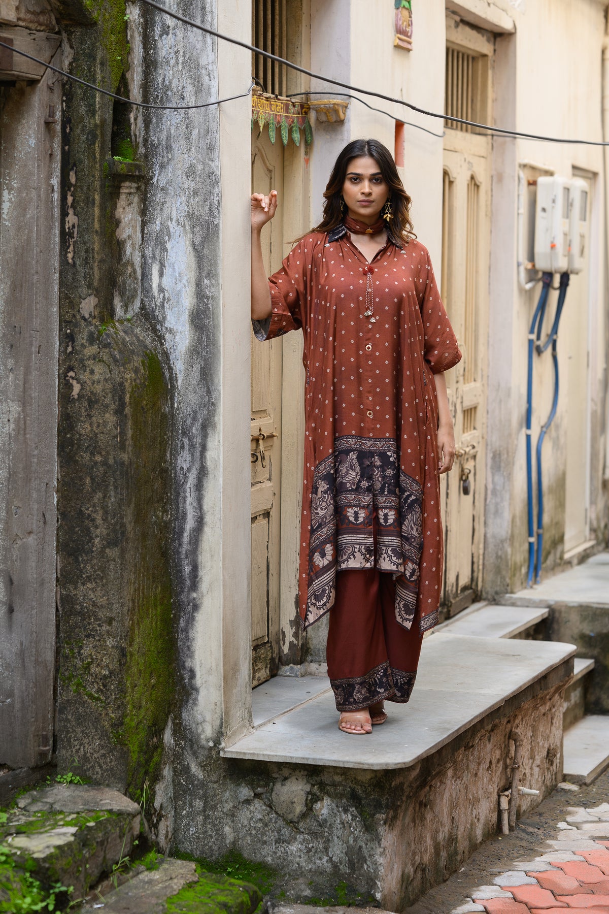 Brown Dot With Ajrakh Print Kaftan Kurta Set