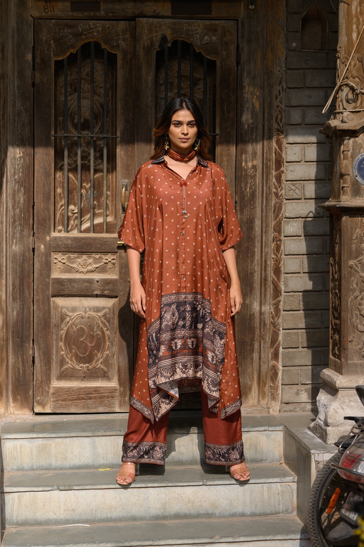 Brown Dot With Ajrakh Print Kaftan Kurta Set