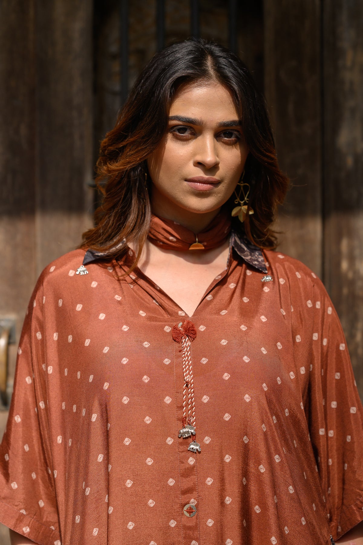 Brown Dot With Ajrakh Print Kaftan Kurta Set