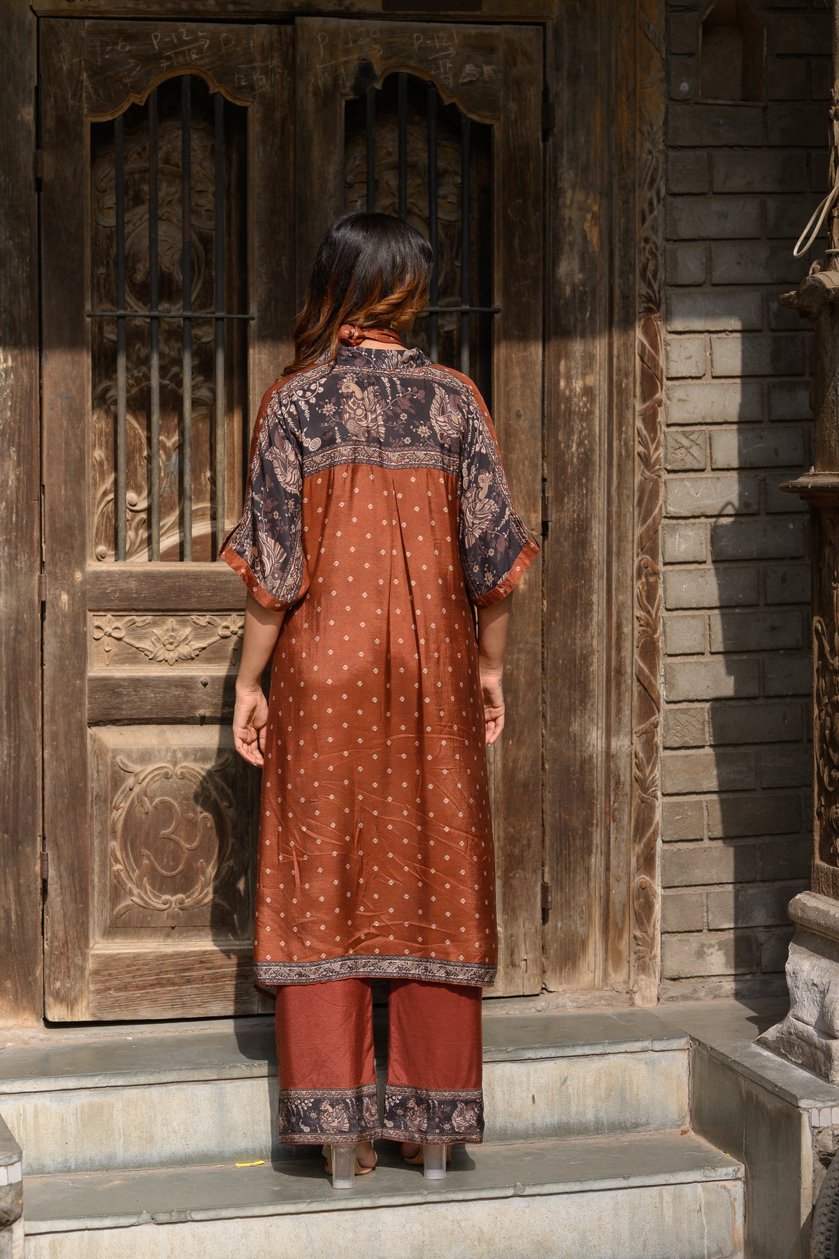 Brown Dot With Ajrakh Print Kaftan Kurta Set