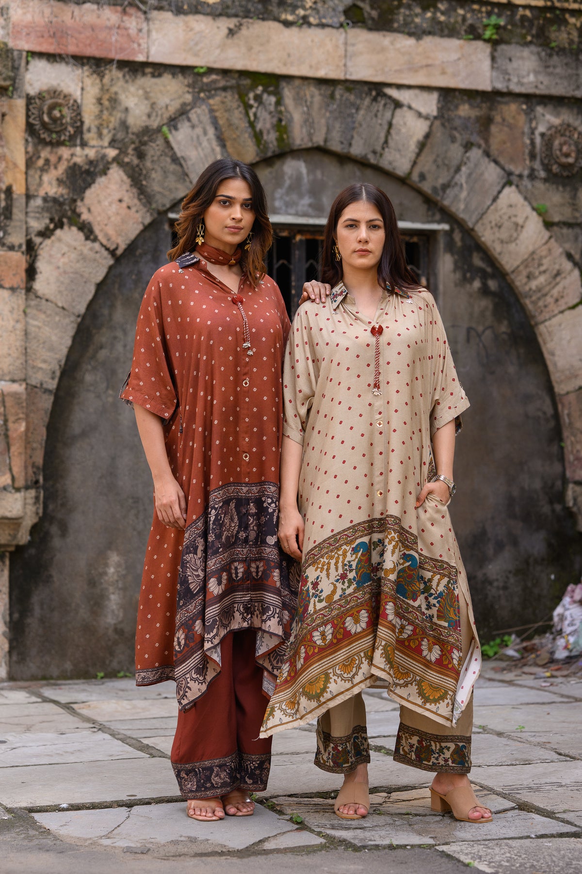 Beige  Dot With Ajrakh Print Kaftan Kurta Set