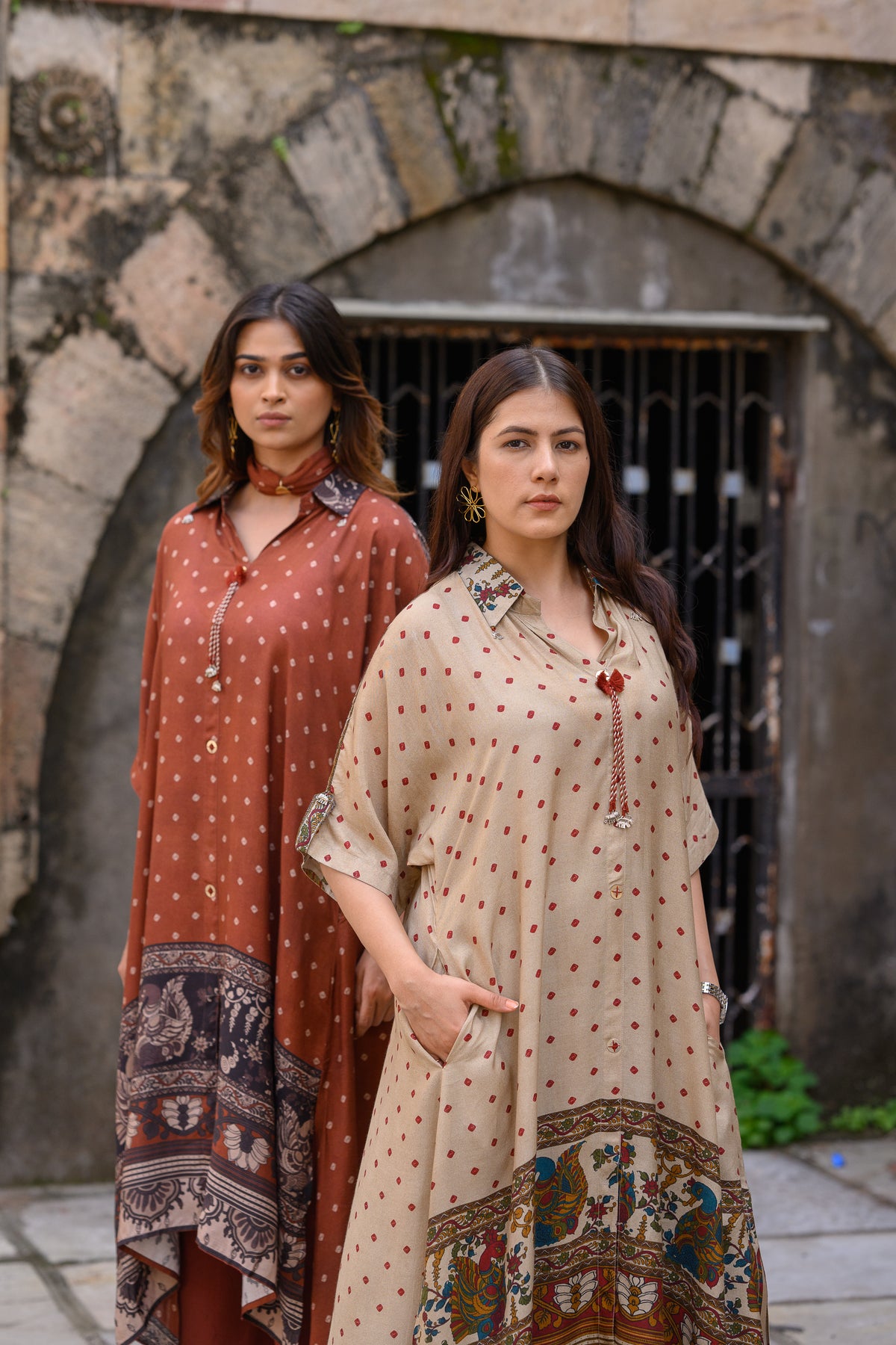 Beige  Dot With Ajrakh Print Kaftan Kurta Set