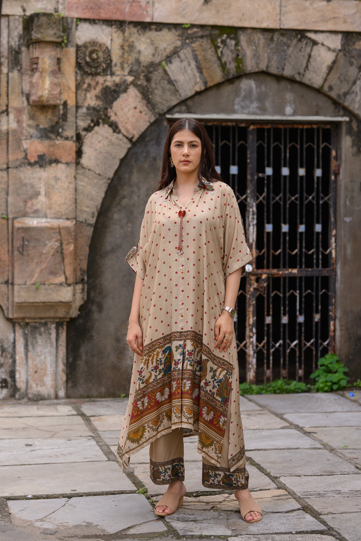 Beige  Dot With Ajrakh Print Kaftan Kurta Set