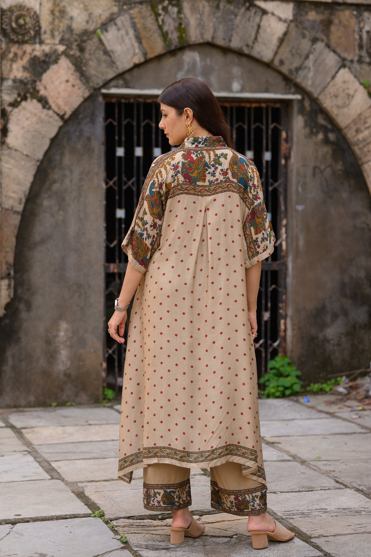 Beige  Dot With Ajrakh Print Kaftan Kurta Set