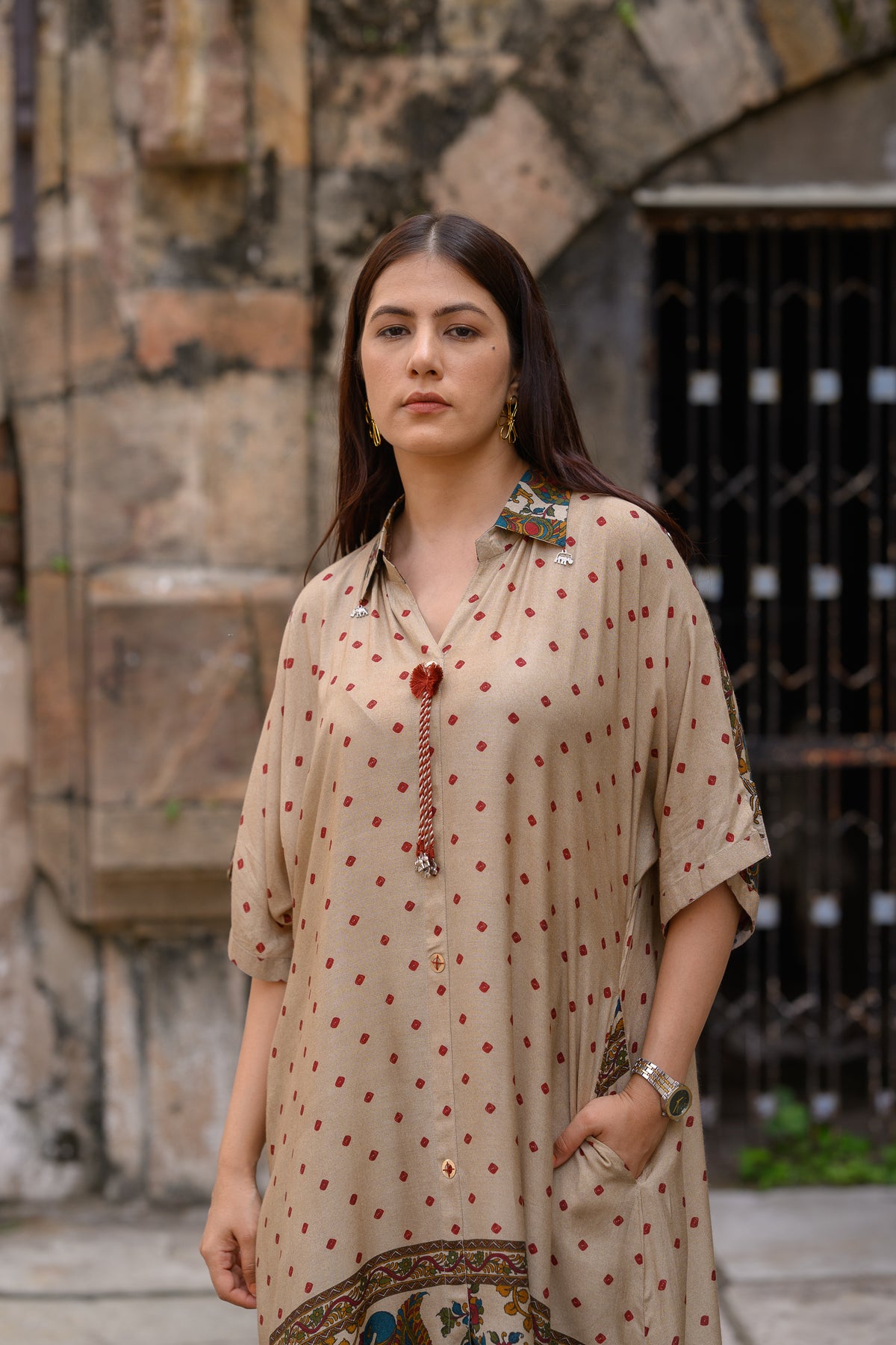 Beige  Dot With Ajrakh Print Kaftan Kurta Set