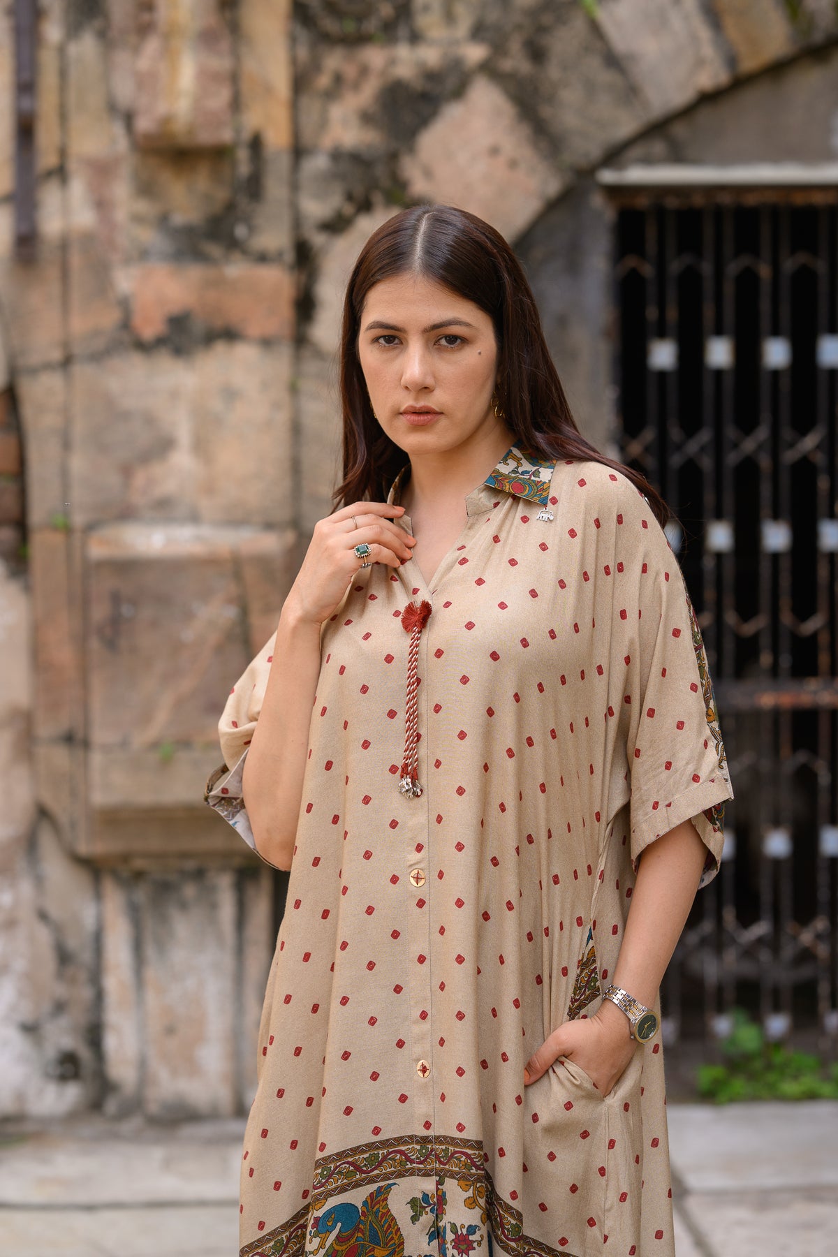 Beige  Dot With Ajrakh Print Kaftan Kurta Set
