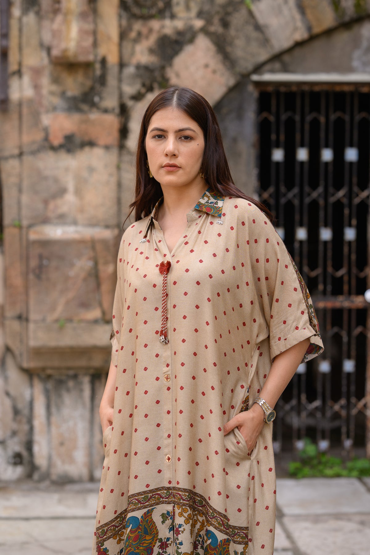 Beige  Dot With Ajrakh Print Kaftan Kurta Set