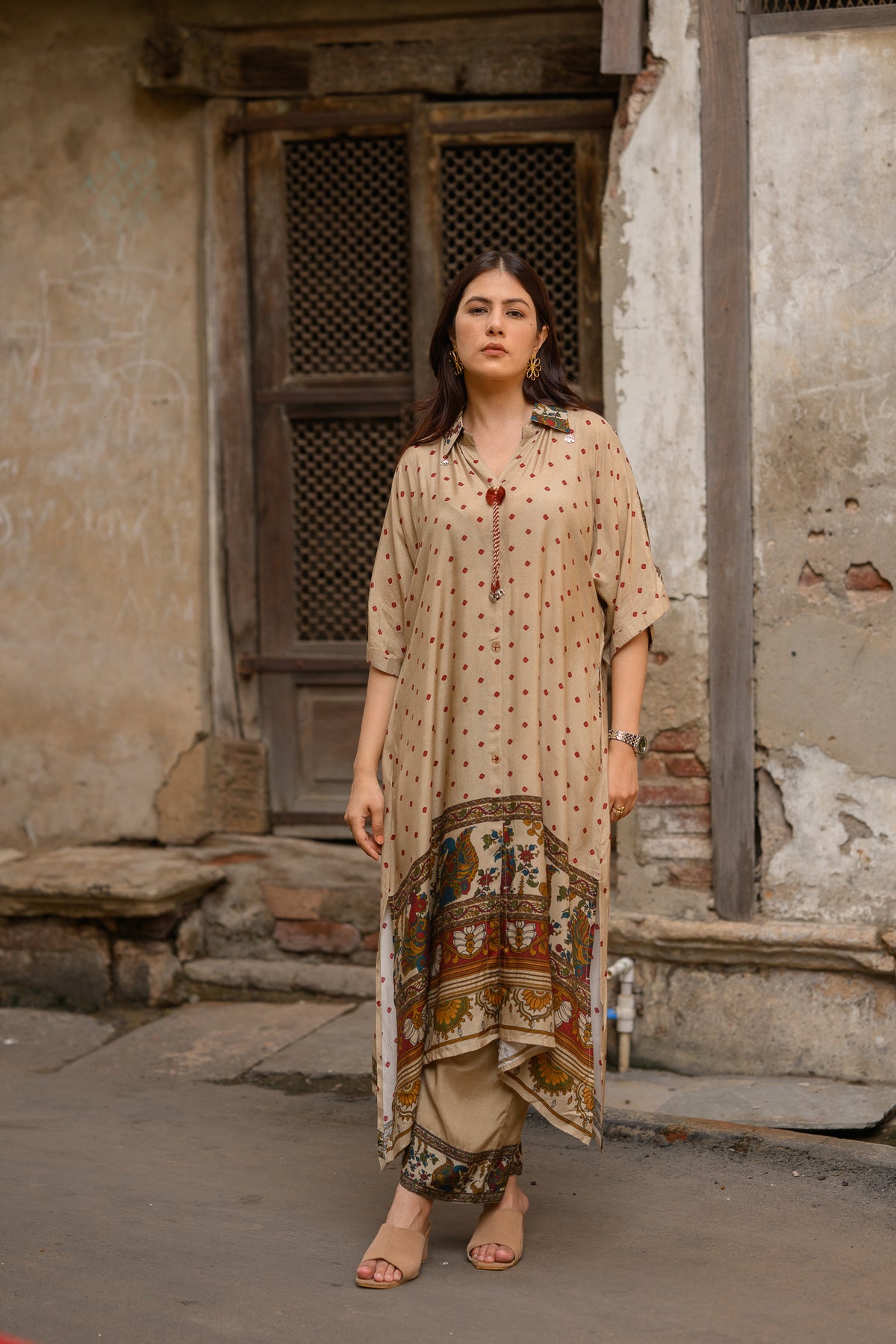 Beige  Dot With Ajrakh Print Kaftan Kurta Set