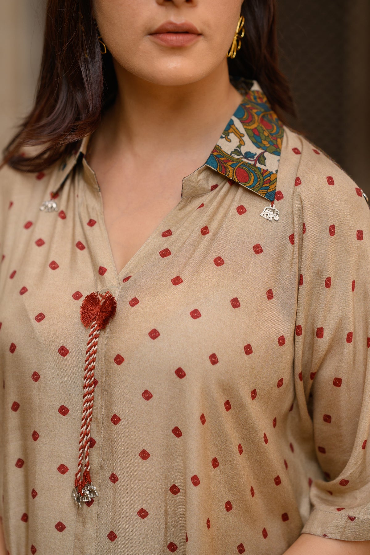 Beige  Dot With Ajrakh Print Kaftan Kurta Set
