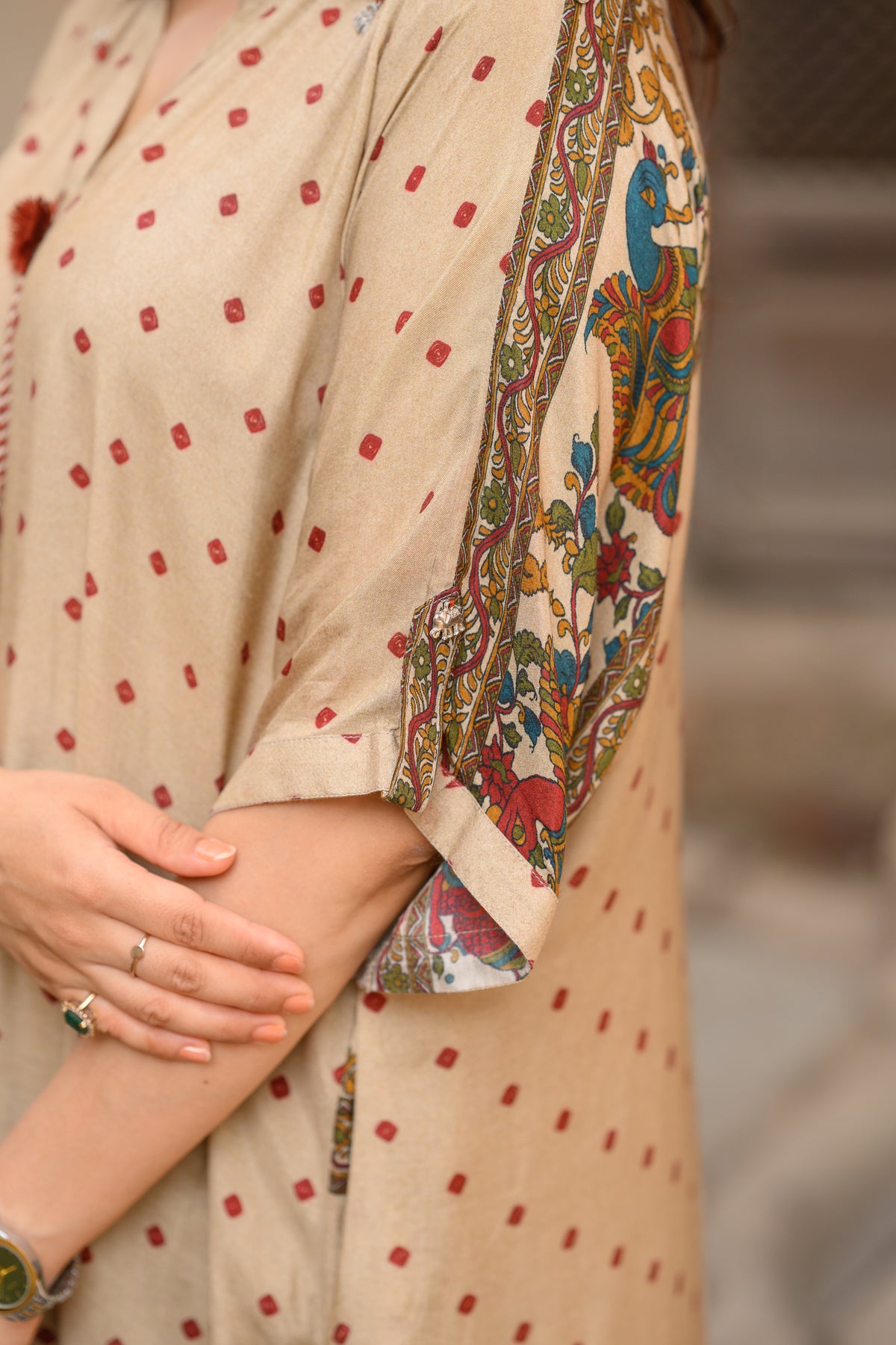 Beige  Dot With Ajrakh Print Kaftan Kurta Set