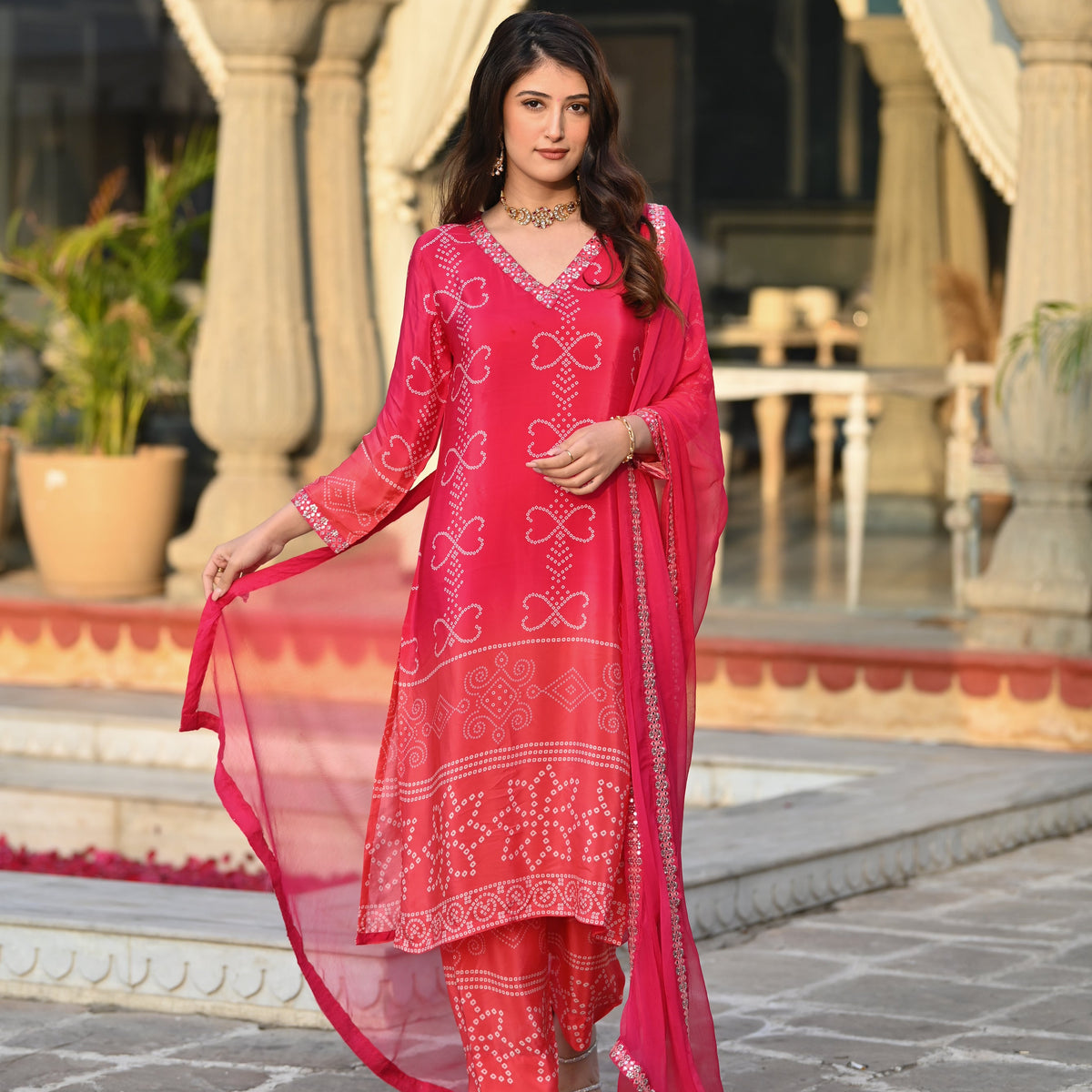 Pink Peach and Orange Ombré Pure Crepe Bandhani Suit Set