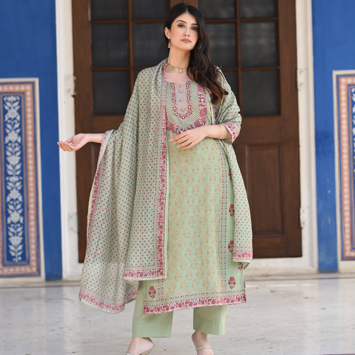 Green Ikhtiyar Block Print Chanderi Suit Set