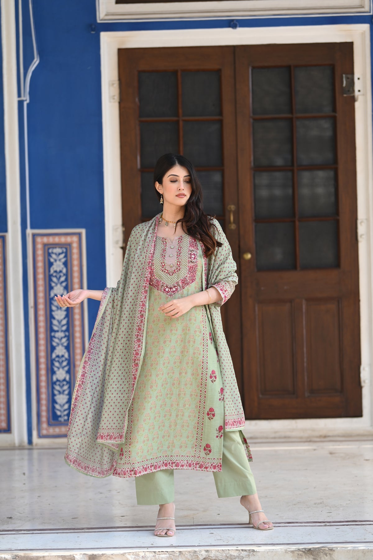 Green Ikhtiyar Block Print Chanderi Suit Set