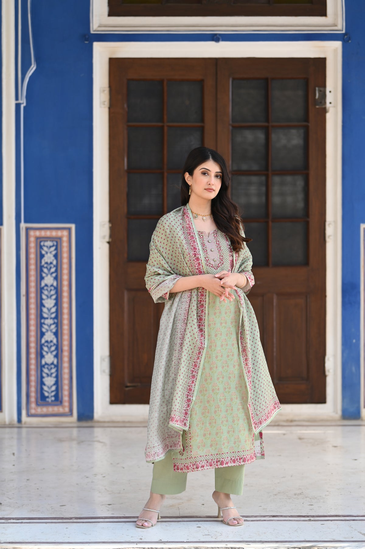Green Ikhtiyar Block Print Chanderi Suit Set