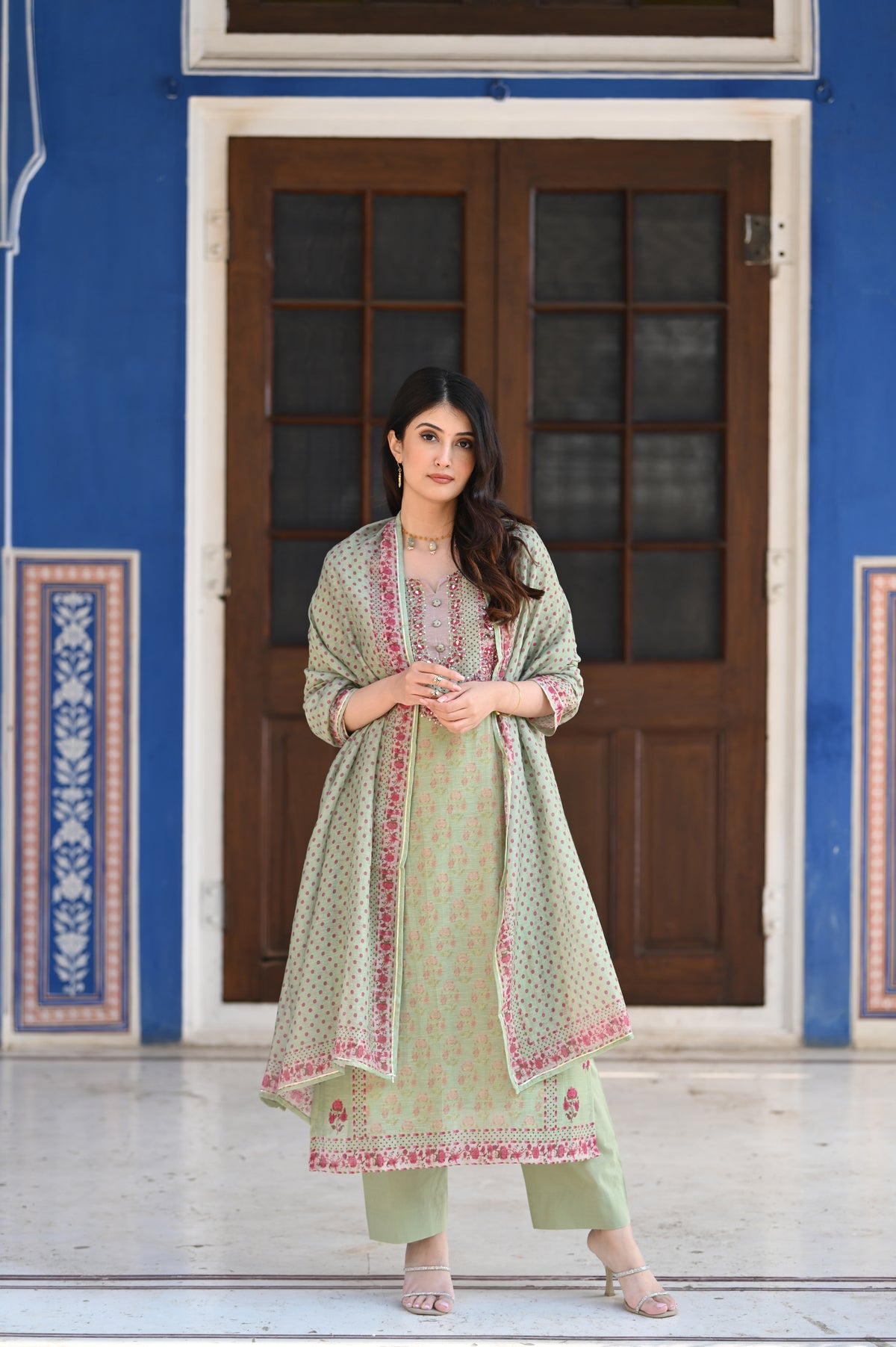 Green Ikhtiyar Block Print Chanderi Suit Set