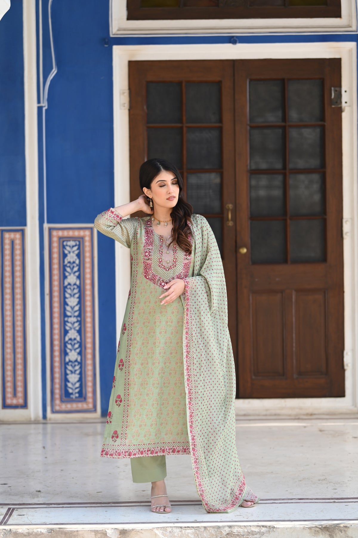 Green Ikhtiyar Block Print Chanderi Suit Set
