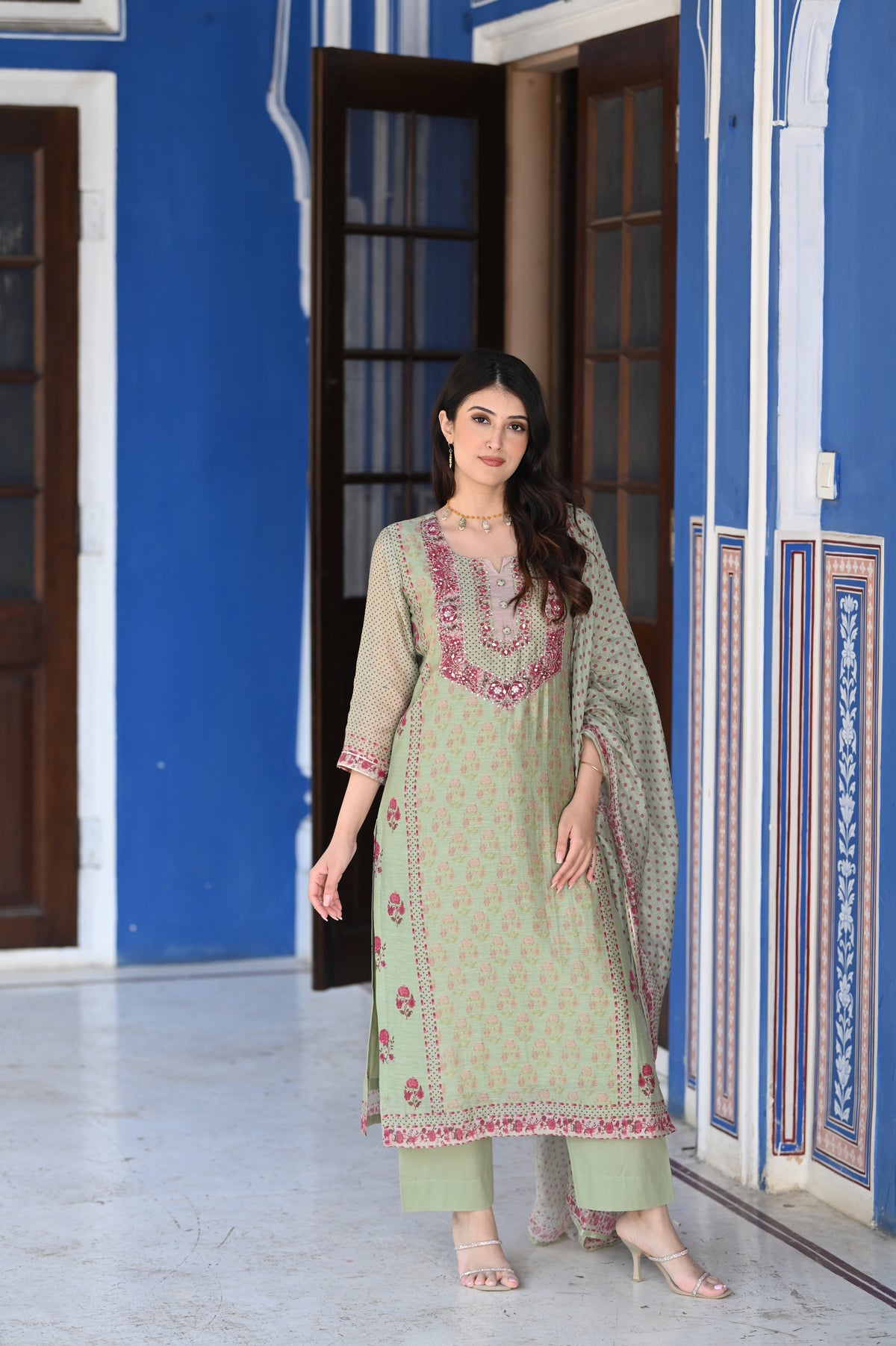 Green Ikhtiyar Block Print Chanderi Suit Set