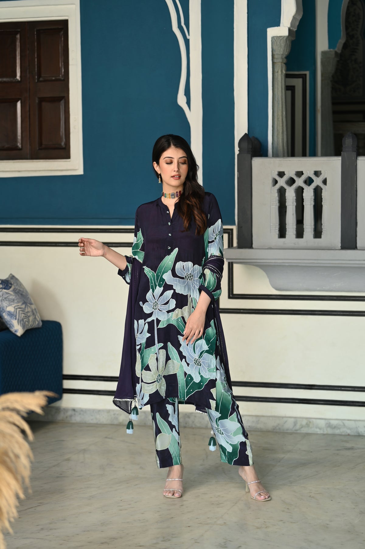Berryblue Ikhtiyar Pure Crepe Placement Suit Set with Spread Work
