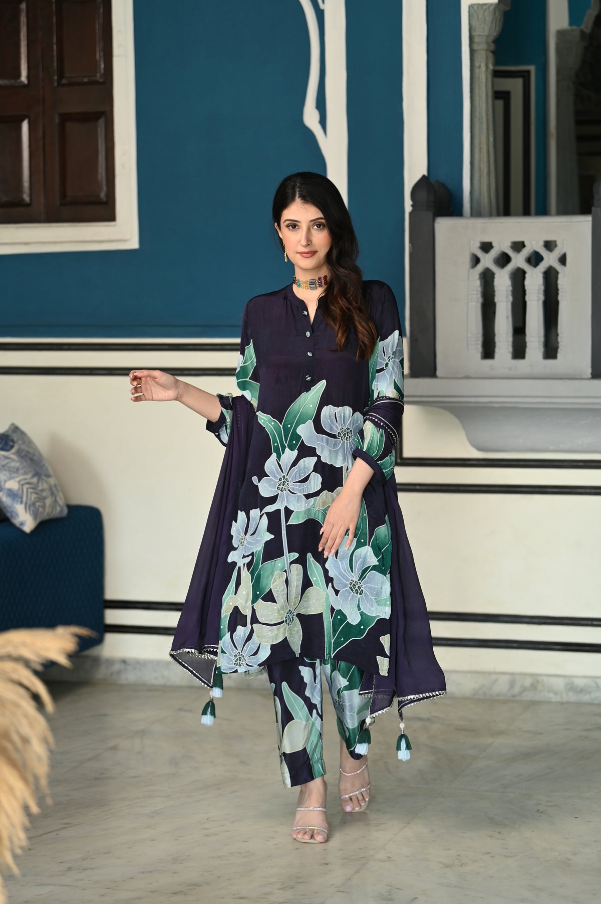Berryblue Ikhtiyar Pure Crepe Placement Suit Set with Spread Work