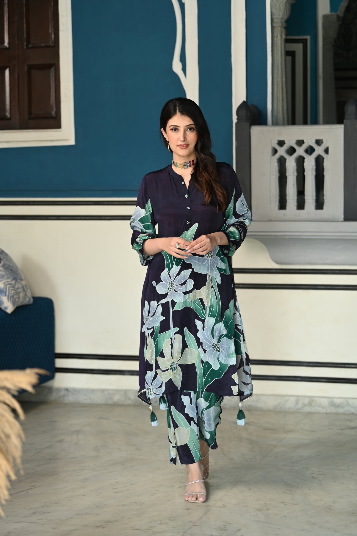 Berryblue Ikhtiyar Pure Crepe Placement Suit Set with Spread Work