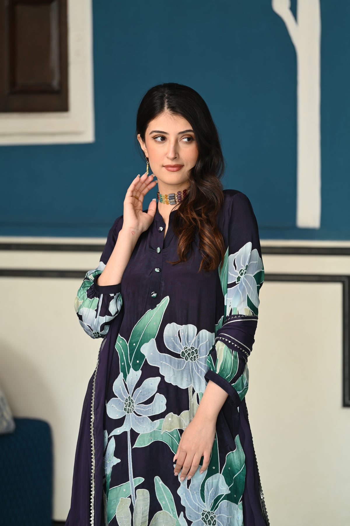 Berryblue Ikhtiyar Pure Crepe Placement Suit Set with Spread Work