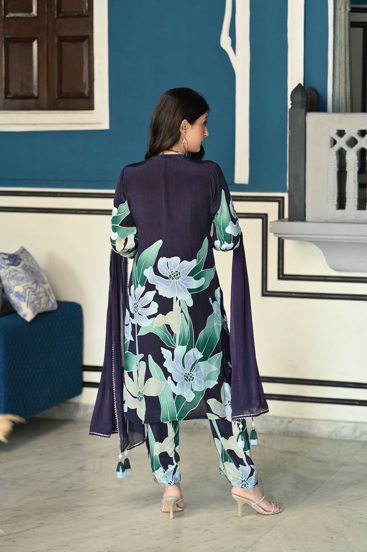 Berryblue Ikhtiyar Pure Crepe Placement Suit Set with Spread Work