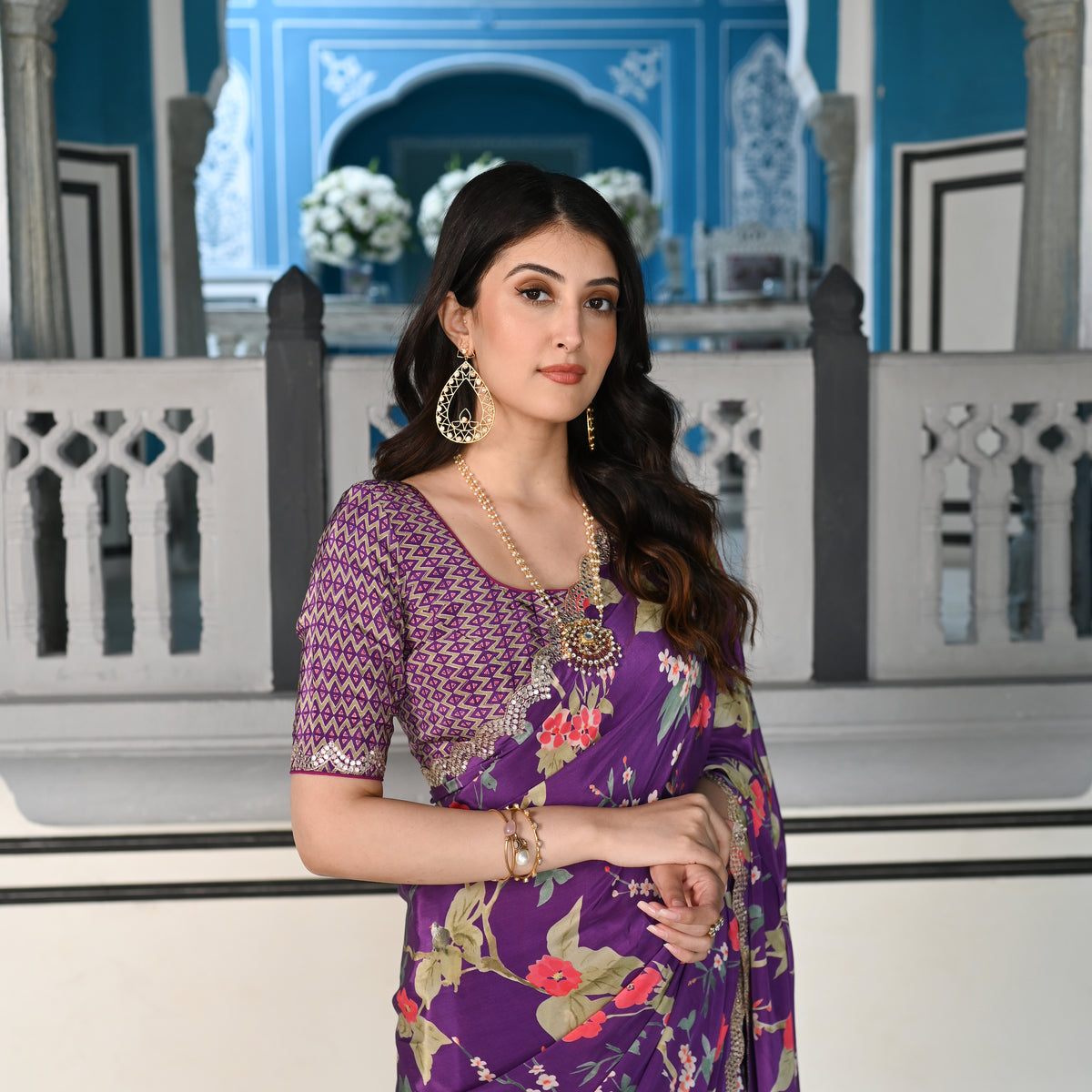 Purple Fleuriste Scallope Mirror Border Pure Crepe Saree