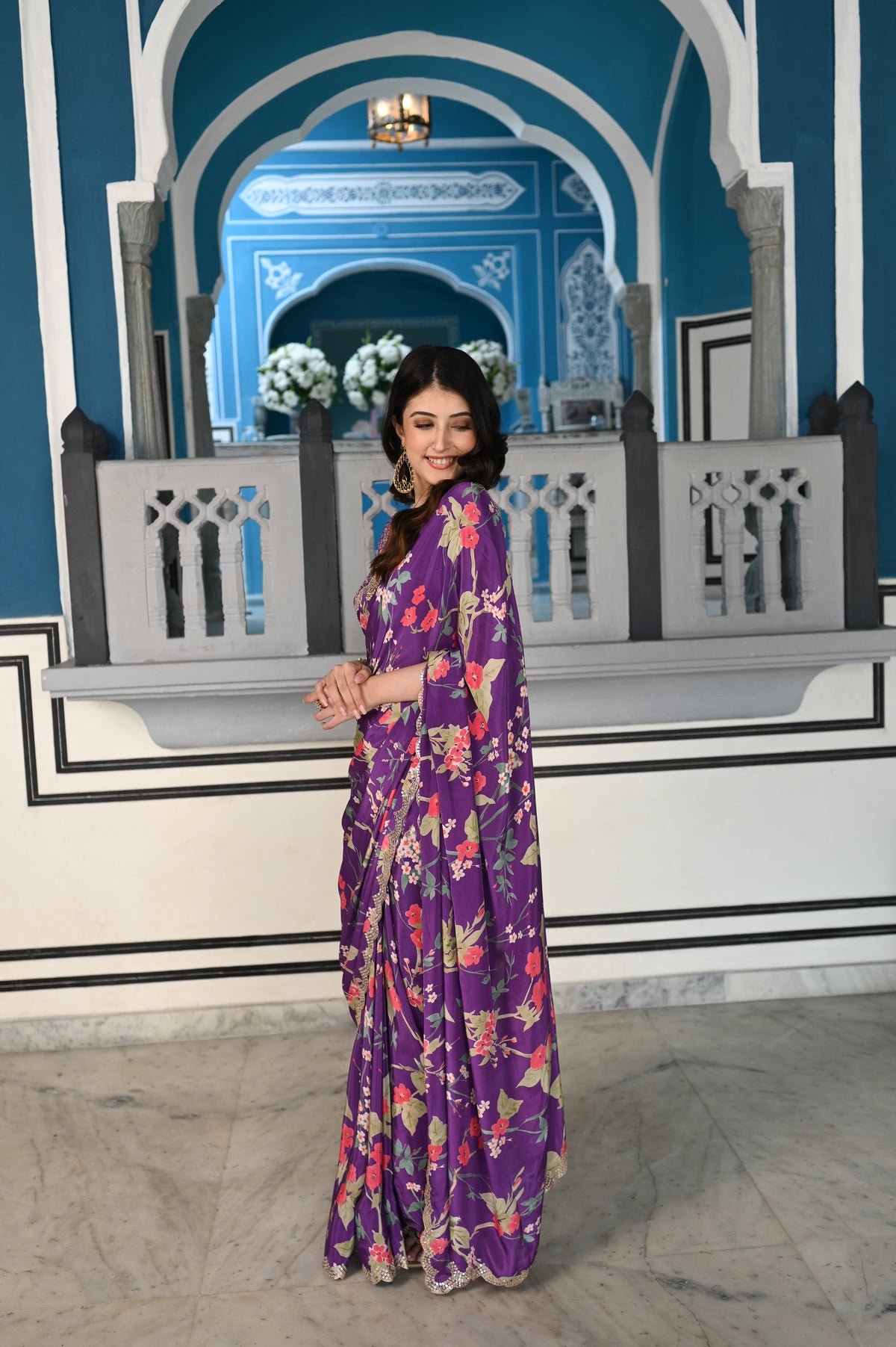 Purple Fleuriste Scallope Mirror Border Pure Crepe Saree
