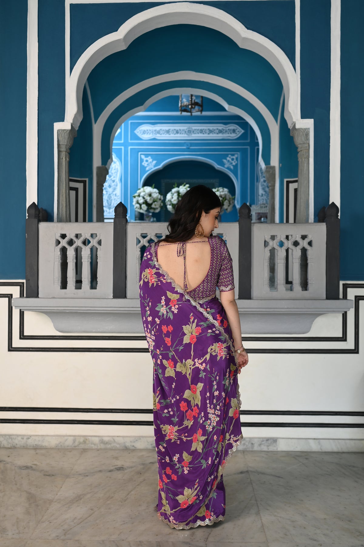 Purple Fleuriste Scallope Mirror Border Pure Crepe Saree