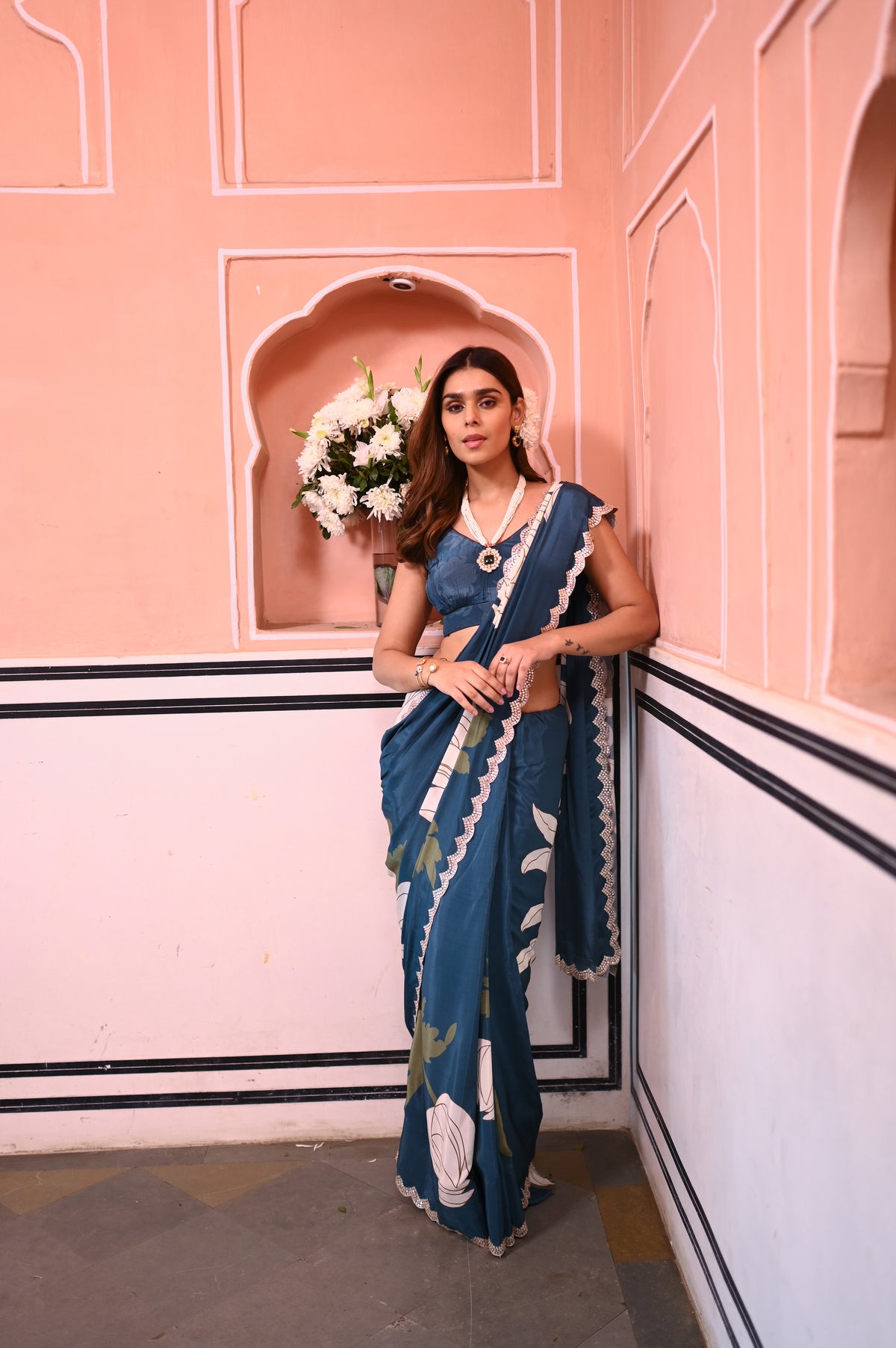 Teal Blue and Pearl White Placement Floral Scallope Mirror Border Pure Crepe Saree