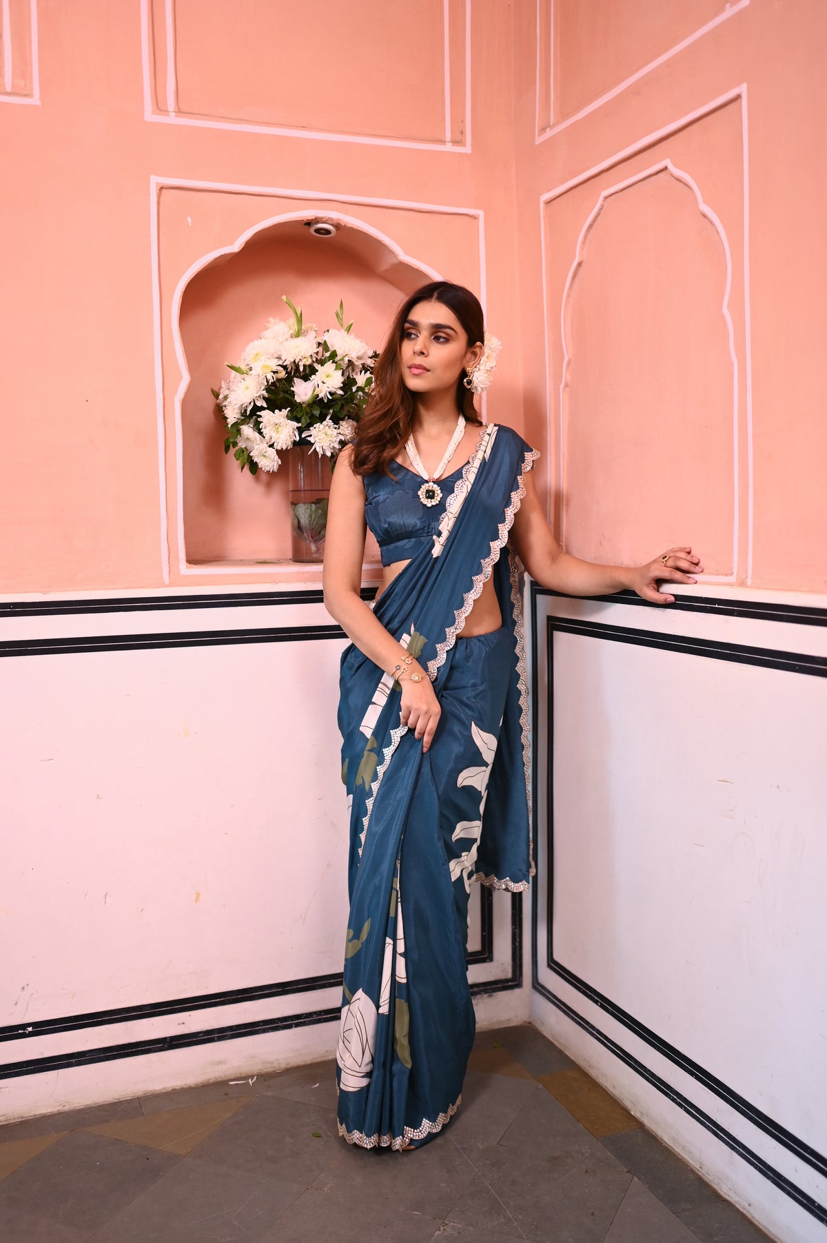 Teal Blue and Pearl White Placement Floral Scallope Mirror Border Pure Crepe Saree