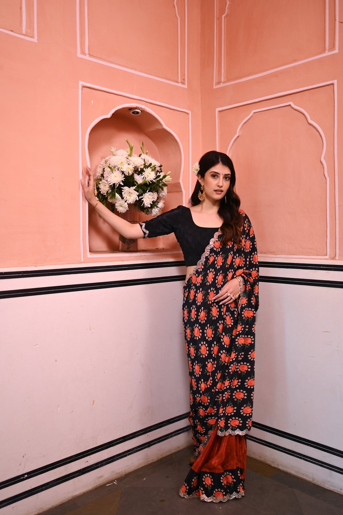 Half and Half Floral and Solid Red Print Scallope Mirror Border Pure Crepe Saree