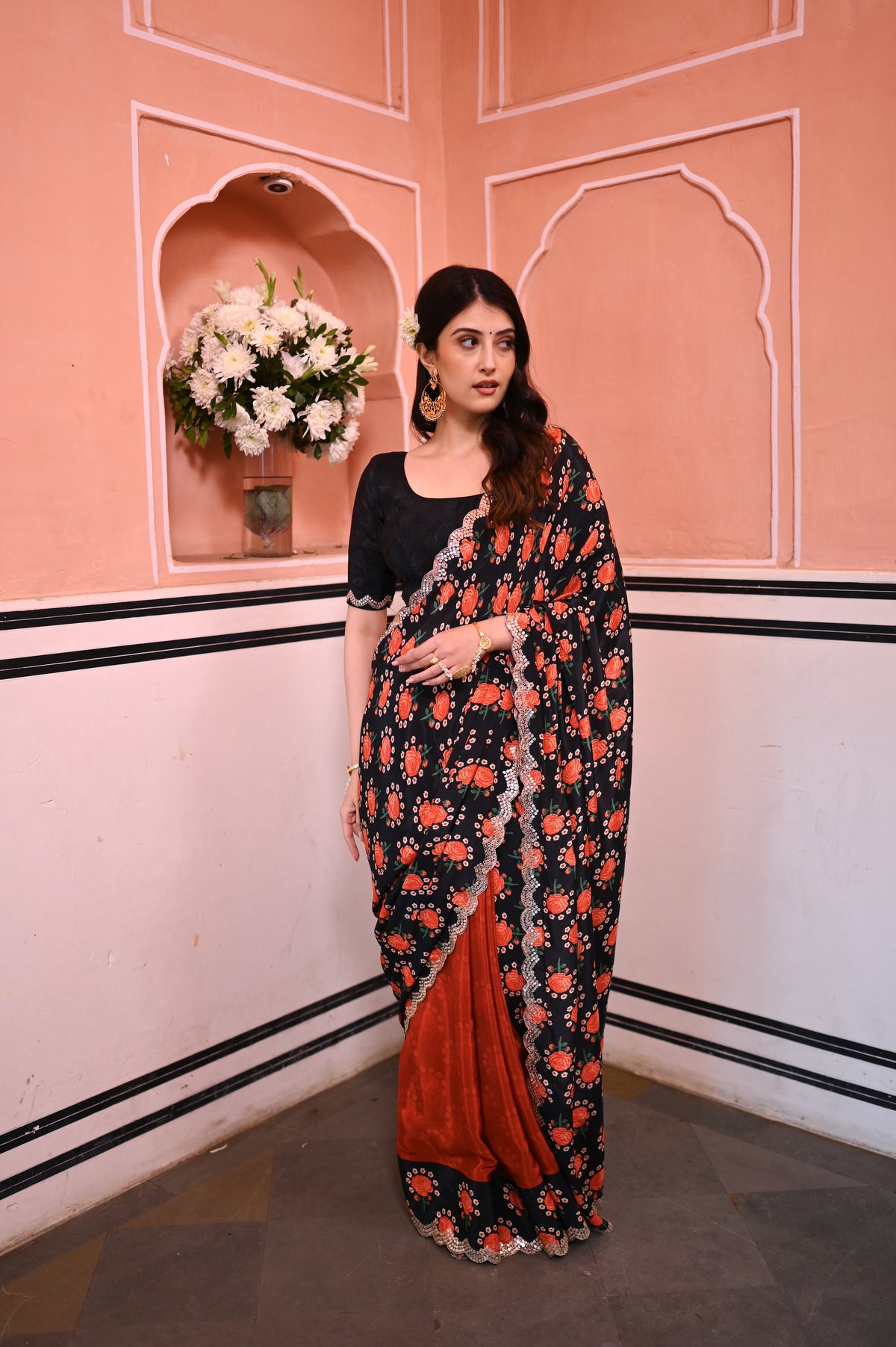 Half and Half Floral and Solid Red Print Scallope Mirror Border Pure Crepe Saree