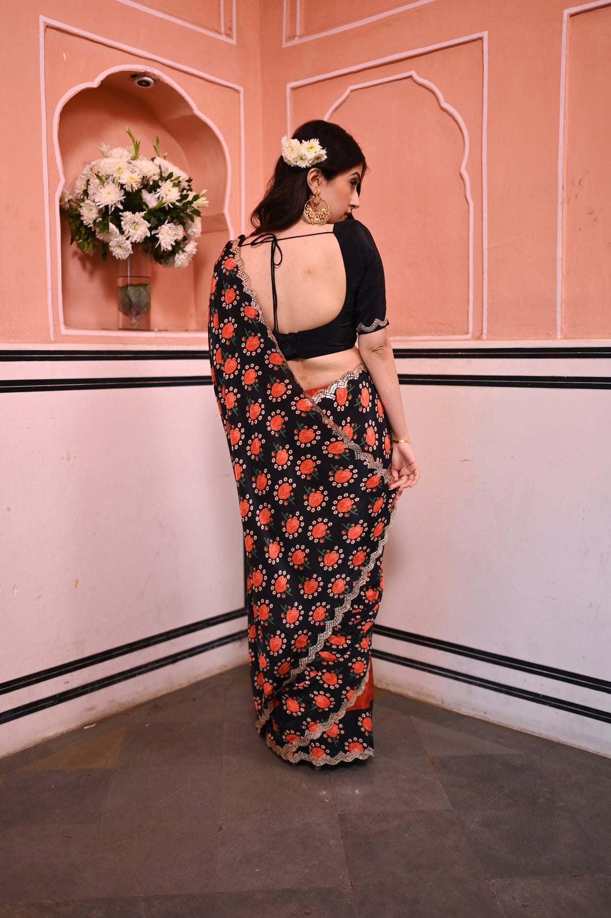 Half and Half Floral and Solid Red Print Scallope Mirror Border Pure Crepe Saree
