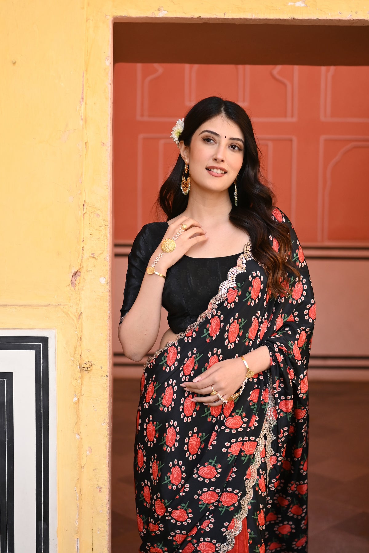 Half and Half Floral and Solid Red Print Scallope Mirror Border Pure Crepe Saree