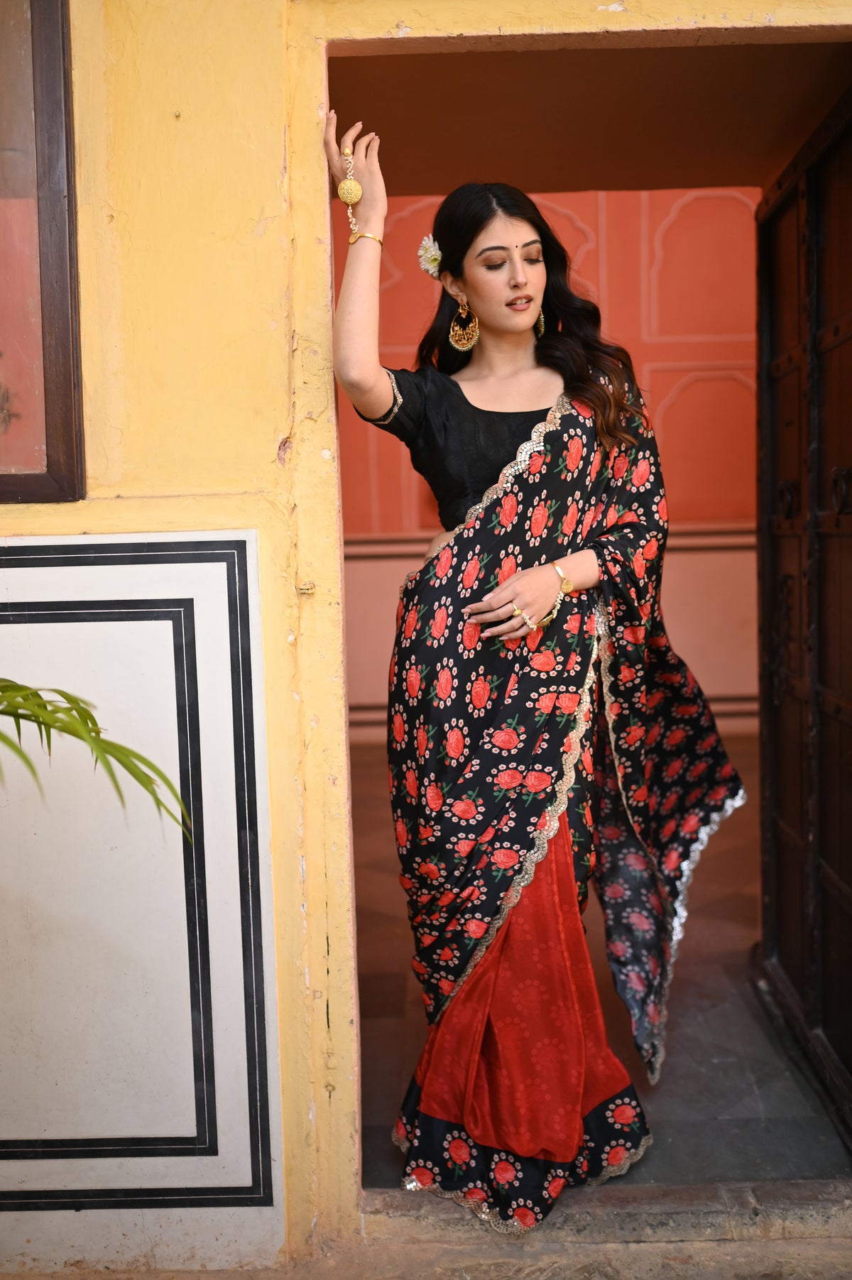 Half and Half Floral and Solid Red Print Scallope Mirror Border Pure Crepe Saree