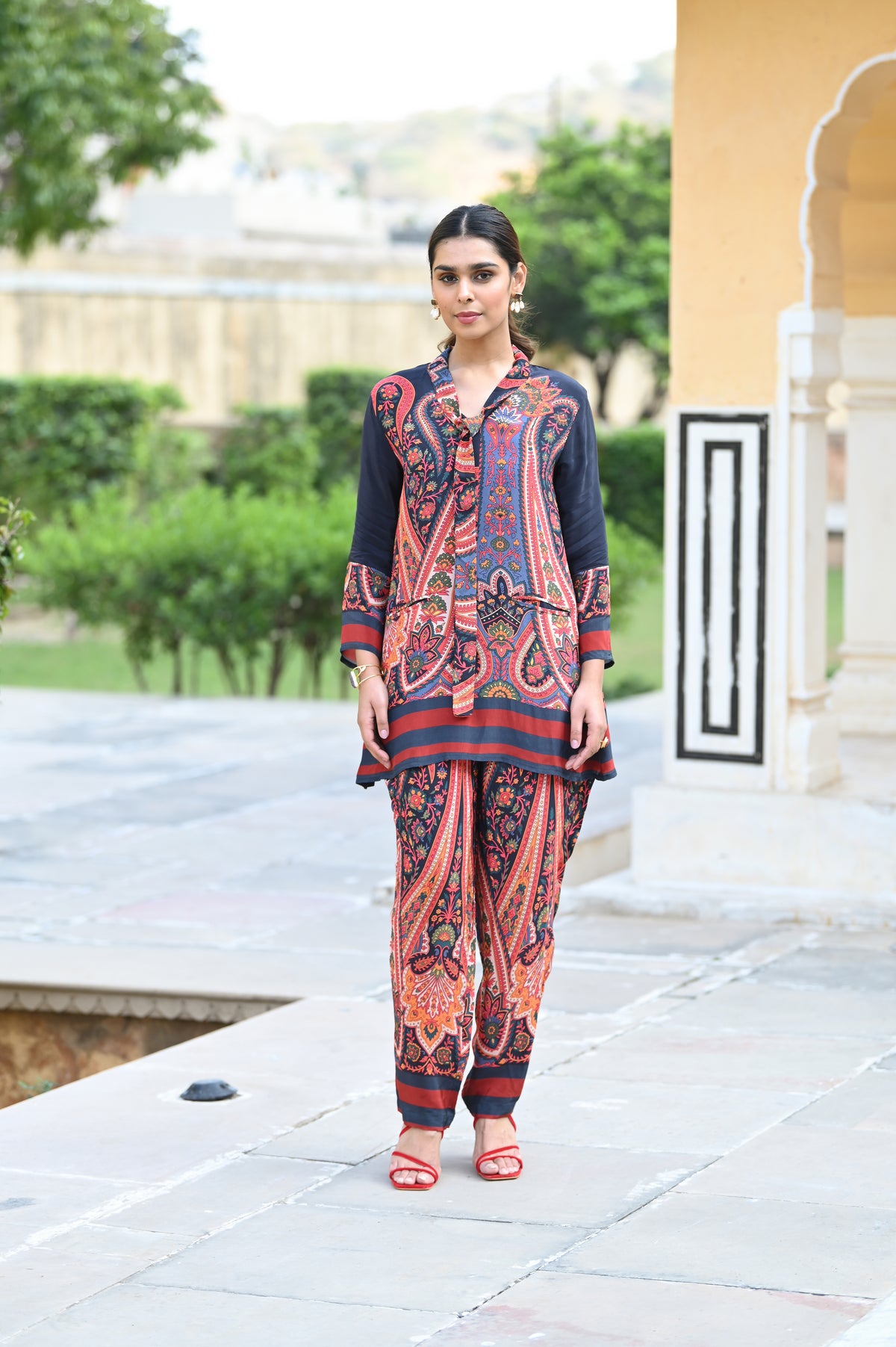 Blue and Red Paisley Blazer Pattern Coord Set