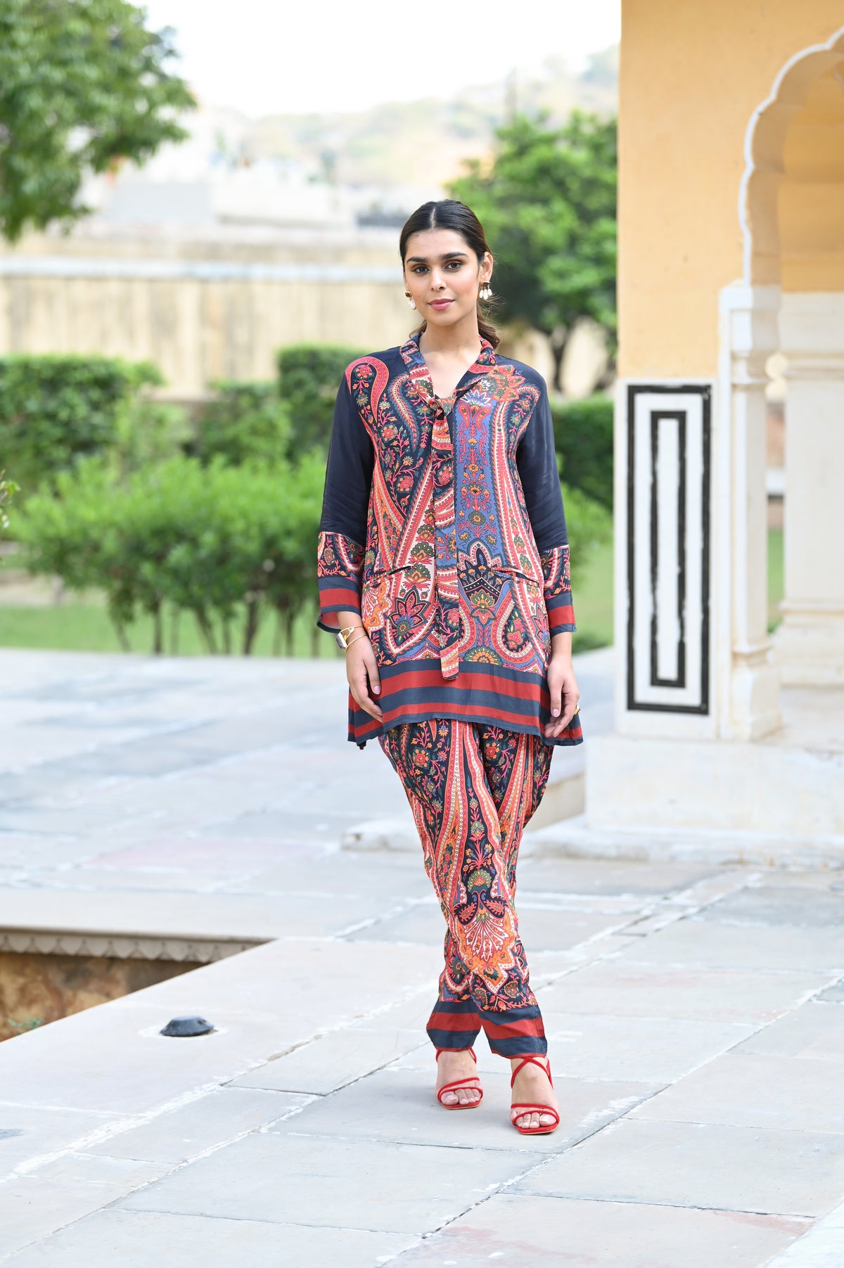 Blue and Red Paisley Blazer Pattern Coord Set