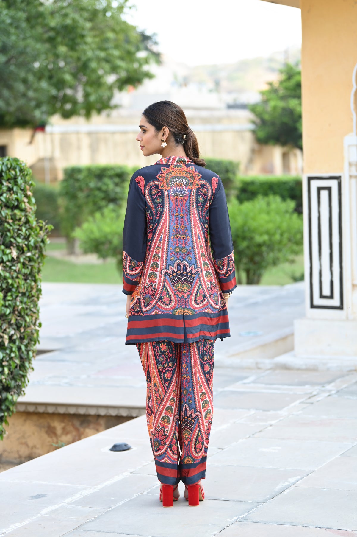 Blue and Red Paisley Blazer Pattern Coord Set