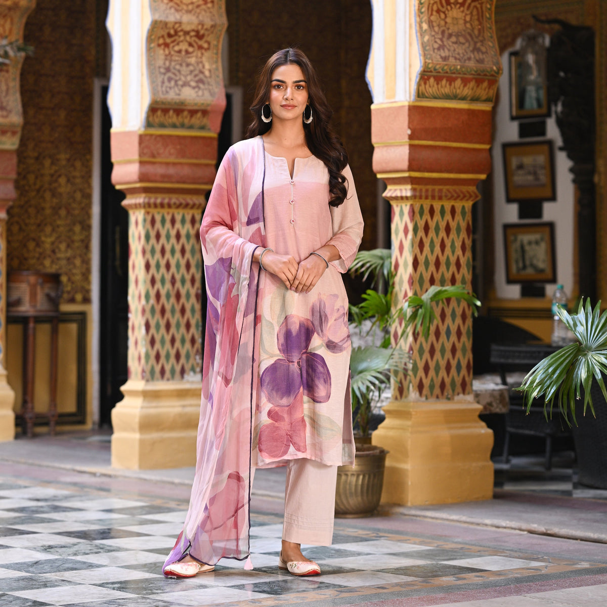 Purple Linen Sooraj Suit Set with Chiffon Dupatta and Tassels