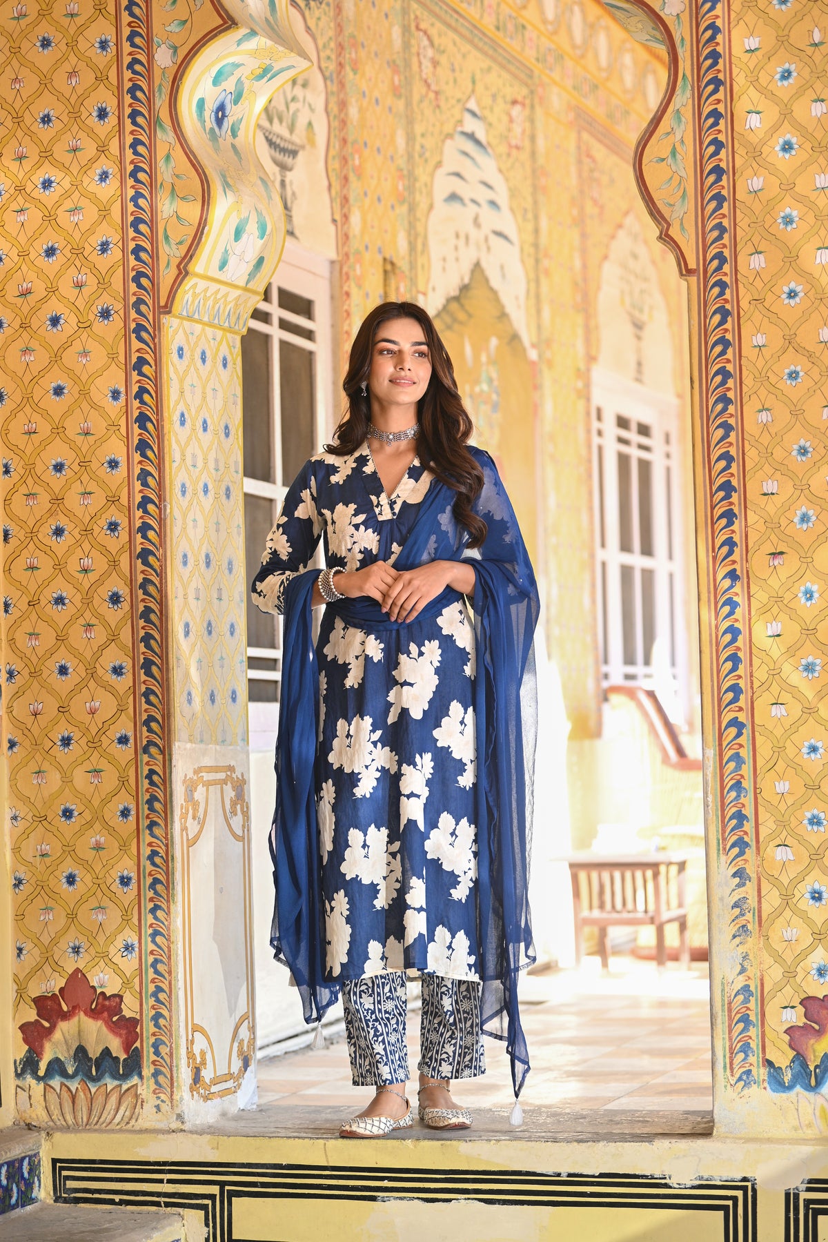 Royal Blue Rozana Floral Print Super Cotton Suit Set with Chiffon Dupatta