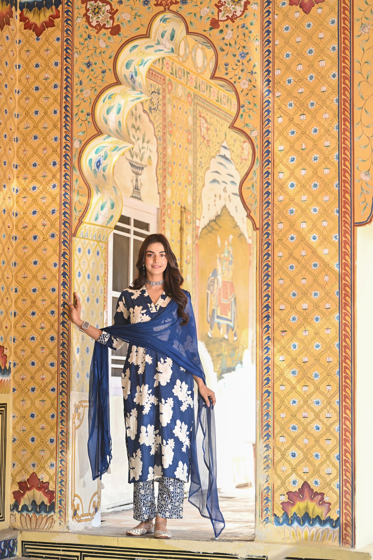 Royal Blue Rozana Floral Print Super Cotton Suit Set with Chiffon Dupatta