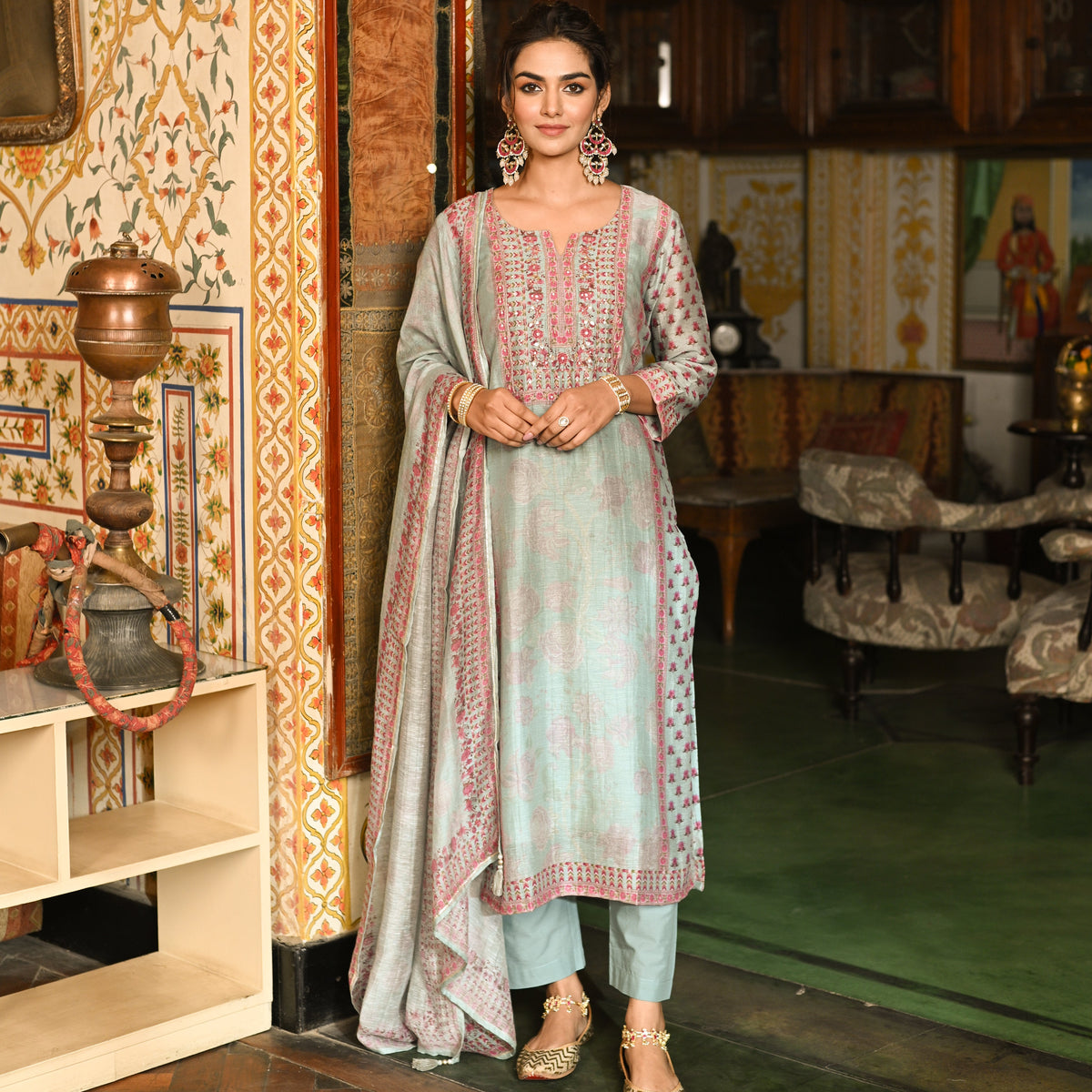 Blue Block Print Chanderi Suit
