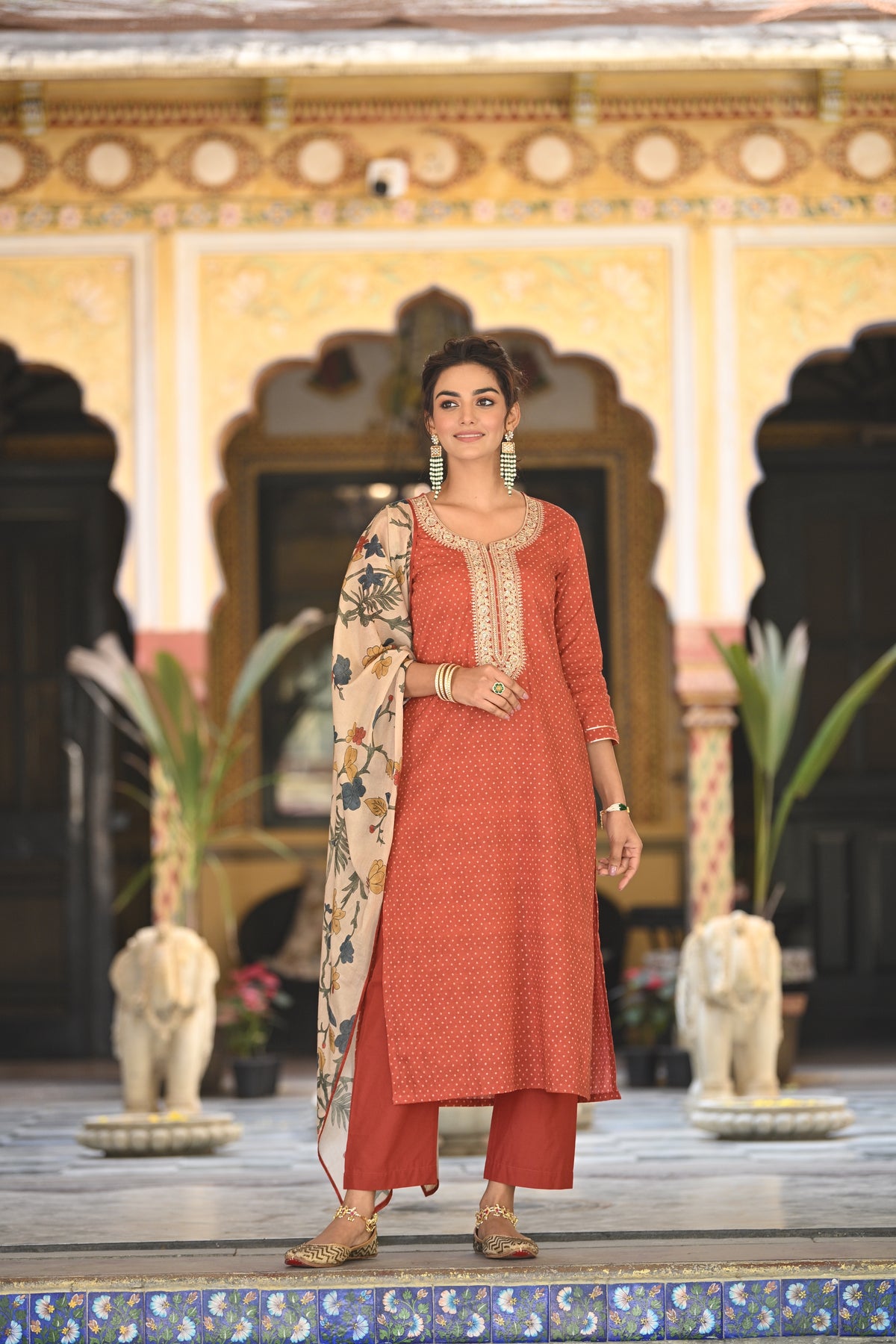 Izra Kalamkari Dupatta with Tari Sequence and Marodi Work on Neck Cotton Suit Set