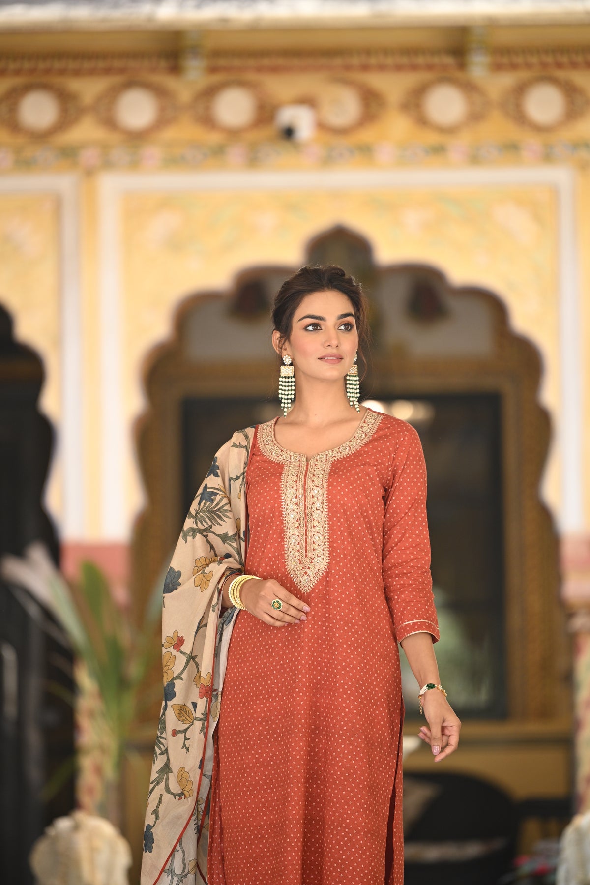 Izra Kalamkari Dupatta with Tari Sequence and Marodi Work on Neck Cotton Suit Set